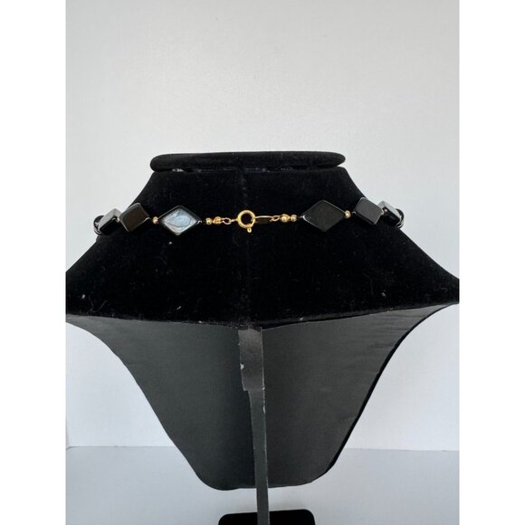 Trifari Necklace Black Lucite Plastic Gold Tone Chunky Geometric Bead Signed 30" - Picture 6 of 9